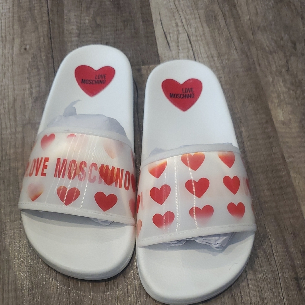 Love Moschino White Slides with Red Hearts